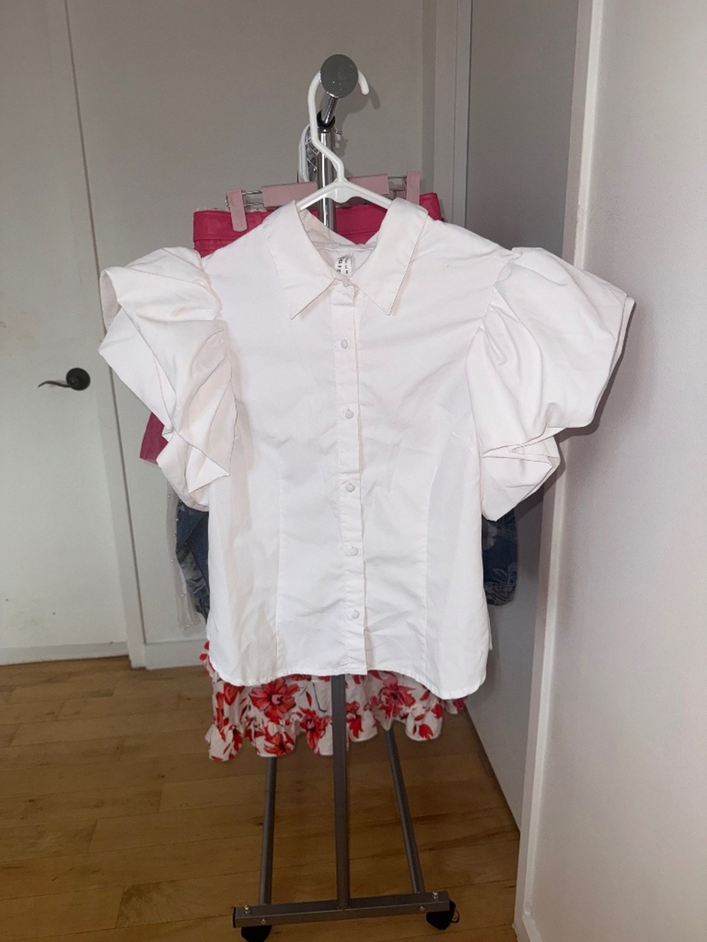 White Button Down Puff Sleeve Ruffle Blouse